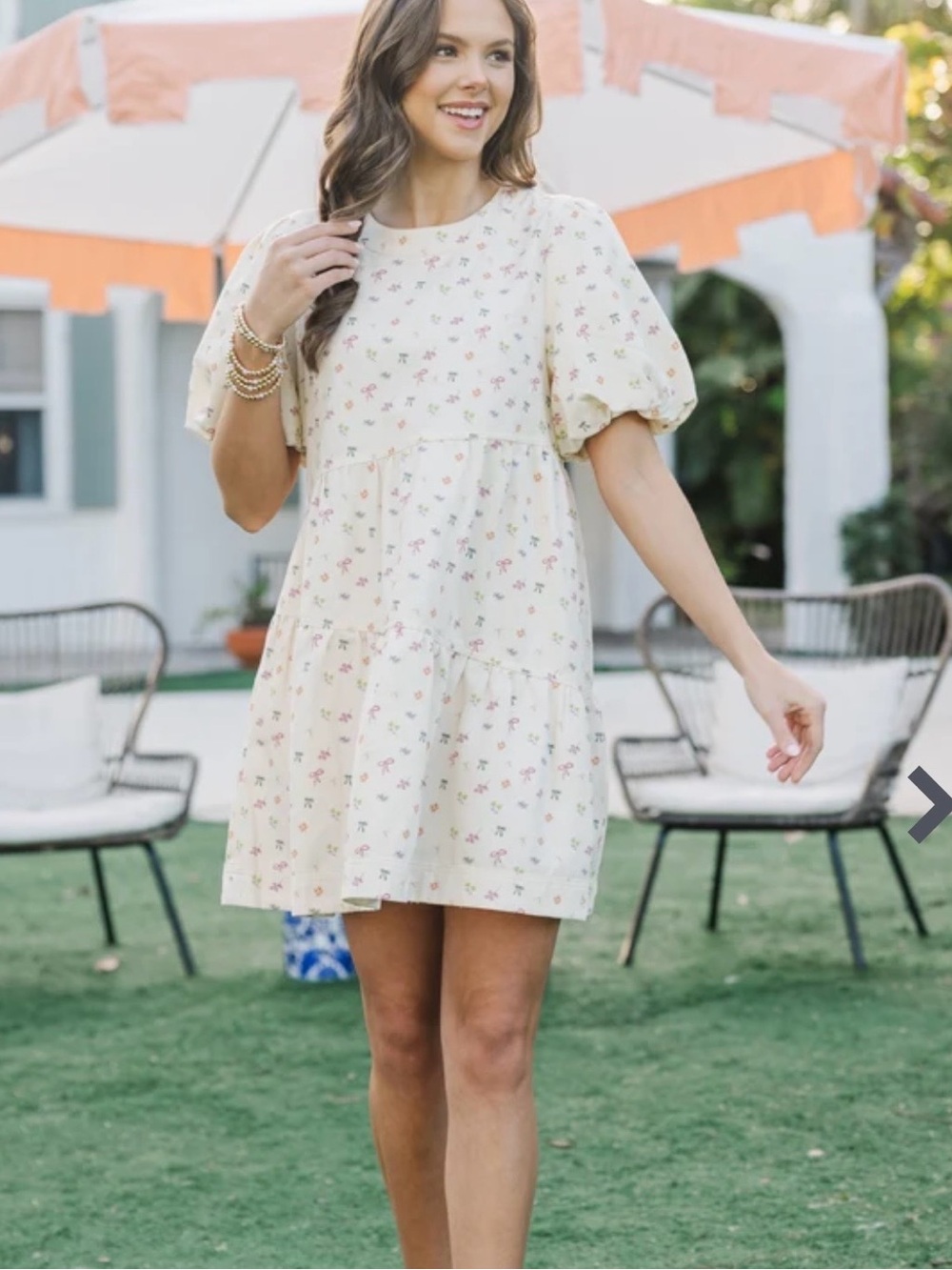 Juliana’s Ecru Bow Printed Baby Doll Short Puff Sleeve Dress Large